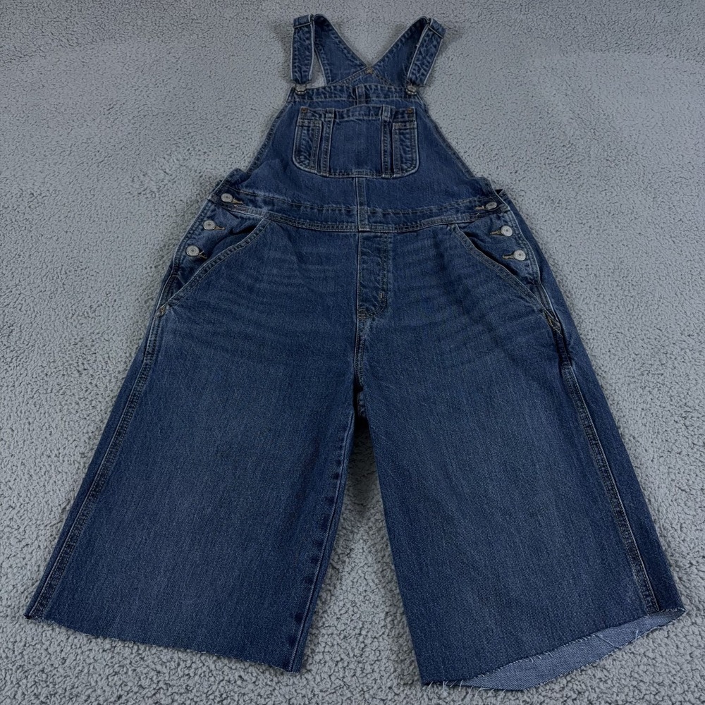 Old Navy Overalls Womens 8 Blue Baggy Wide Leg Bib Denim 13" Shorts Cut Off Dark